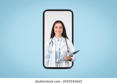 Digital health app interface with cheerful female doctor holding clipboard, symbolizing patient care and record keeping, blue background - Powered by Shutterstock