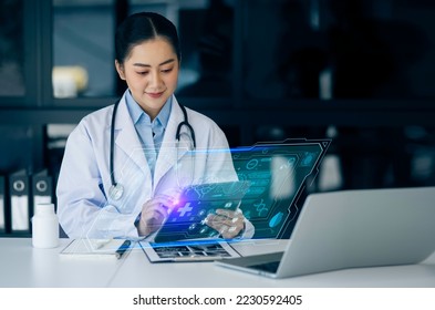 Digital health care innovative virtual science and medicine technology concept, Doctor working with human anatomy virtual interface icons.   - Powered by Shutterstock