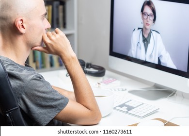 Digital Health Concept: A Patient Having Online Meeting With A Practicing Physician From Home. Medical Doctor Consulting A Person By Means Of Web Conference System