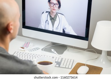 Digital Health Concept: A Patient Having Online Meeting With A Practicing Physician From Home. Medical Doctor Consulting A Person By Means Of Web Conference System