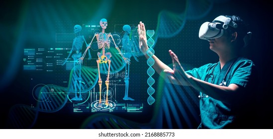 Digital healthcare and medical remote doctor technology concept AI metaverse doctor optimize patient care medicine pharmaceuticals biologics treatment examination diagnosis, doctor working with VR  - Shutterstock ID 2168885773