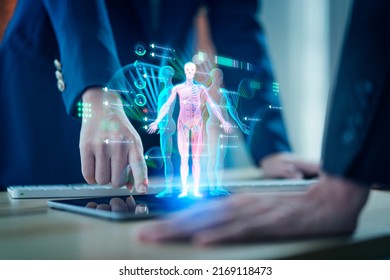 Digital healthcare and medical remote doctor technology 3D EHR AI metaverse doctor optimize patient care medicine pharmaceuticals biologics treatment examination diagnosis, doctor working on hologram