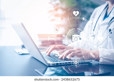 Digital healthcare and network connection on hologram interface, DNA. Medicine doctor with electronic medical record on laptop. Science and innovative, Medical technology and network concept - Powered by Shutterstock