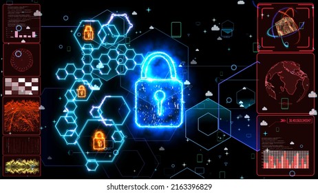 digital hexagon circuit wire and lock protection and polygon with social media and currency particles flying background on red monitor