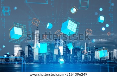 Digital hologram and information fileds in metaverse, double exposure, New York Manhattan skyline at night. Virtual reality and blockchain. Concept of big data