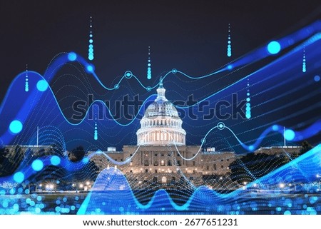 A digital hologram overlay of wave patterns on a night view of the Capitol Building in Washington, DC. Light and technology concept. Double exposure