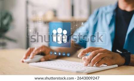 Digital HR system interface showing user profile, team icons, and data dashboard. Businessman managing personnel or customer information via online platform at workspace.