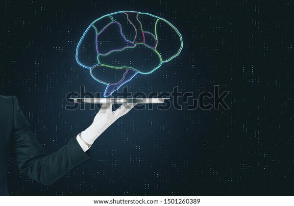 Digital human brain divided by\
lobes on metal tray in the hands of a waiter at abstract\
background.