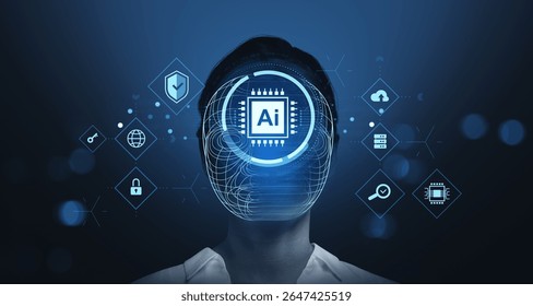 Digital human face with AI chip and technology icons in glowing blue style on dark background, symbolizing artificial intelligence and cybersecurity concept