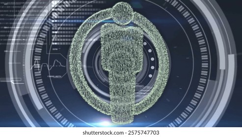 Digital human figure and data processing image over futuristic interface. Technology, innovation, virtual, science