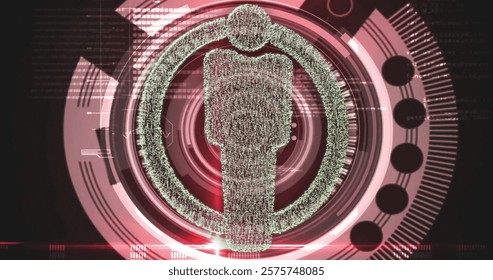 Digital human figure and data processing image over red technological background. Technology, futuristic, cybersecurity, artificial intelligence, virtual reality, innovation