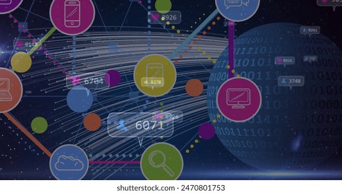 Digital icons representing technology, data floating across dark starry background. Lines connecting symbols, suggesting a network of communication