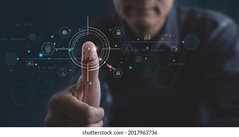Digital id, biometrics security, innovation technology against digital cyber crime. Businessman using fingerprint identification to access personal financial data, future tech icons on virtual screen