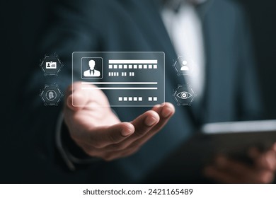 Digital identification or digital ID concept. Businessman show virtual screen of digital identification card to accessing databases by digital identity for cyber security.