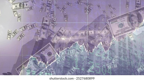 Digital illustration of American dollar banknotes floating with data processing, statistics showing over a cityscape in the background. Global economy recession public health coronavirus Covid-19