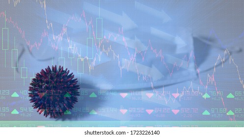 Digital Illustration Of A Coronavirus Covid-19 Cell Lying By A Face Mask Over Data Processing, Statistics Showing In The Background. Medicine Public Health Pandemic Coronavirus Covid 19 Outbreak