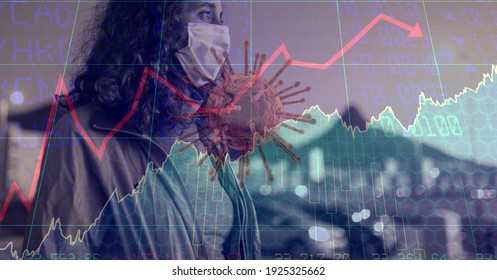 Digital Illustration Of A Coronavirus Covid-19 Cell Over Data Processing, Statistics Showing In The Background. Medicine Public Health Pandemic Coronavirus Covid 19 Outbreak Concept Digital Composite.