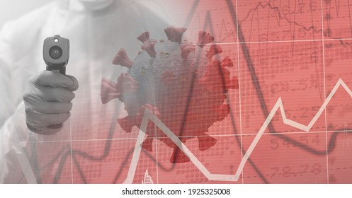 Digital illustration of data, statistics and graphs, macro Covid-19 cell over Caucasian male scientist wearing protective clothes. Coronavirus Covid-19 pandemic concept digital composite