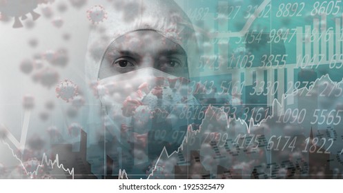 Digital illustration of data, statistics and graphs, macro Covid-19 cell over Caucasian male scientist wearing protective clothes. Coronavirus Covid-19 pandemic concept digital composite