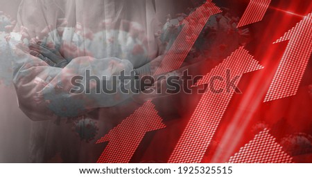 Digital illustration of data, statistics and graphs, macro Covid-19 cell over Caucasian male scientist wearing protective clothes. Coronavirus Covid-19 pandemic concept digital composite