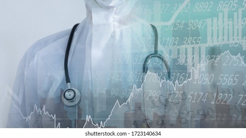 Digital Illustration Of A Doctor Wearing A Face Mask Over Data Processing, Statistics Showing In The Background. Medicine Public Health Pandemic Coronavirus Covid 19 Outbreak Concept Digital