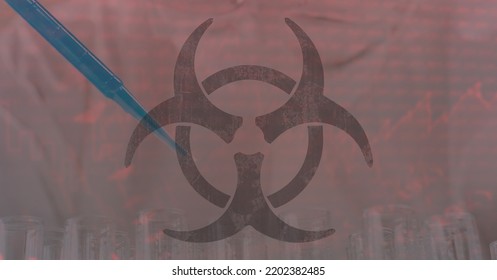 Digital Illustration Of A Hazard Sign Over Data Processing, Statistics Showing In The Background. Medicine Public Health Pandemic Coronavirus Covid 19 Outbreak Concept Digital Composite.