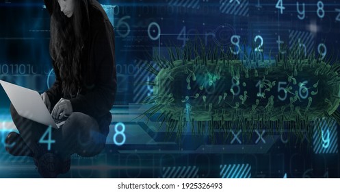 Digital illustration of a macro Covid-19 cell with a man wearing a hoodie using a laptop over numbers floating, data processing. Coronavirus Covid-19 pandemic concept digital composite