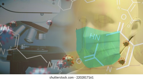 Digital illustration of macro Covid-19 cells and chemical elements floating with a 3D human body model wearing a face mask over a microscope. Coronavirus Covid-19 pandemic concept digitally generated - Powered by Shutterstock