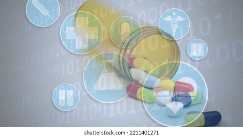 Digital Illustration Of Medical Pills Lying Outside A Jar Over Medical Icons, Data Processing, Statistics Showing In The Background. Medicine Public Health Pandemic Covid 19 Outbreak Concept.