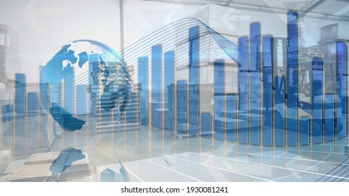 Digital Illustration Of A Plane Starting, With Data Processing, Statistics Showing Over A Cityscape In  The Background. Global Business And Distribution During The Coronavirus Covid-19 Pandemic.