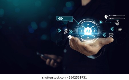 A digital illustration representing artificial intelligence (AI) technology with a futuristic interface, glowing data networks.Artificial Intelligence Technology with Futuristic Digital Interface.