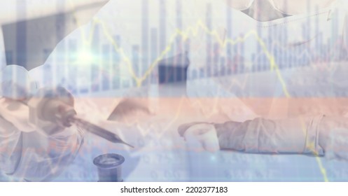 Digital Illustration Of A Scientist Using A Pipette Over Data Processing, Statistics Showing In The Background. Medicine Public Health Pandemic Coronavirus Covid 19 Outbreak Concept Digital Composite.