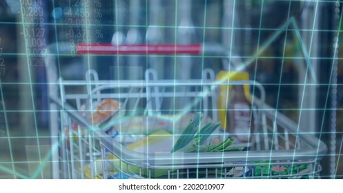 Digital illustration of a shopping cart with groceries in it over data recording. Finance business stock market global data processing concept digitally generated image