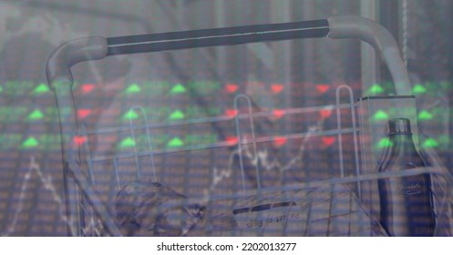 Digital illustration of a shopping cart with groceries in it over data recording. Finance business stock market global data processing concept digitally generated image
