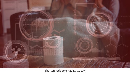 Digital Illustration Of Two People Sitting On A Couch, With A Toilet Paper Roll Standing In Front Of Them Over Data Processing, Statistics Showing In The Background.