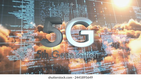 Digital image of 5g text and data processing against clouds in morning sky. global networking and connection concept