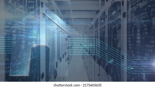 Digital image of binary coding data processing and light trails against empty server room. computer interface technology and online security concept.