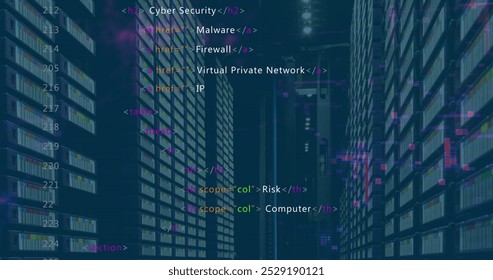 Digital image of binary coding data processing over computer servers against blue background. Global technology data processing and digital interface concept digitally generated image.