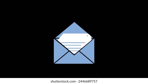 Digital image of a blue message envelope opening to a note inside against a black background 4k