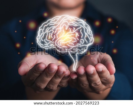 Digital image of the brain on the palm. Artificial Intelligence, AI Technology. Business analysis, innovation, technology in science and medicine. Mental health protection and care.