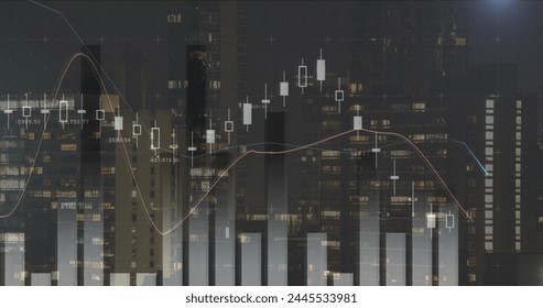 Digital image of different graphs moving in the screen with background of the city with tall buildings 4k