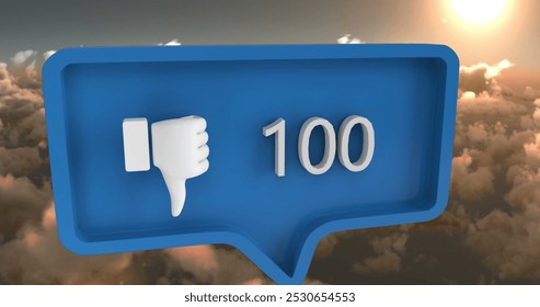 Digital image of follow, like and heart icons increasing in numbers with a sky background 4k