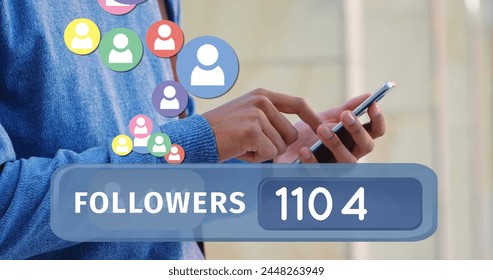 Digital image of a followers count bar is in the foreground of a man texting on his phone. Digital image of follower icons are flying upwards from the followers count bar