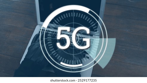 Digital image of futuristic circles moving around 5G with background a hacker wearing gloves using a laptop - Powered by Shutterstock