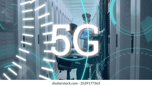 Digital image of futuristic circles moving around 5G with background of Caucasian technicians looking at servers - Powered by Shutterstock