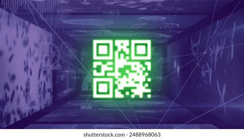 Digital image of glowing qr code against glowing neon blue tunnel on black background. Global technology and digital interface concept digitally generated image. - Powered by Shutterstock