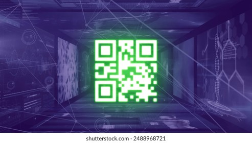 Digital image of glowing qr code against glowing neon blue tunnel on black background. Global technology and digital interface concept digitally generated image.