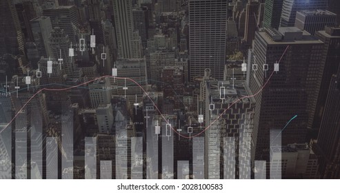 Digital image of graphs moving in the screen and background of cityscape with buildings 4k