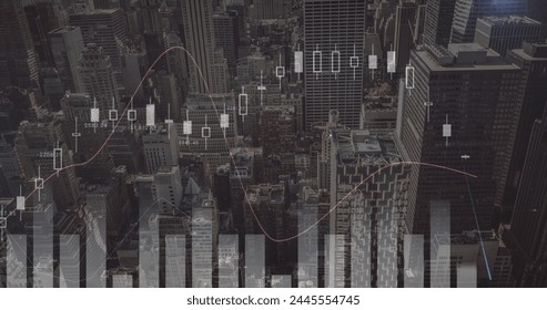 Digital image of graphs moving in the screen and background of cityscape with buildings 4k