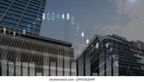 Digital image of graphs moving in the screen with a background of buildings 4k
